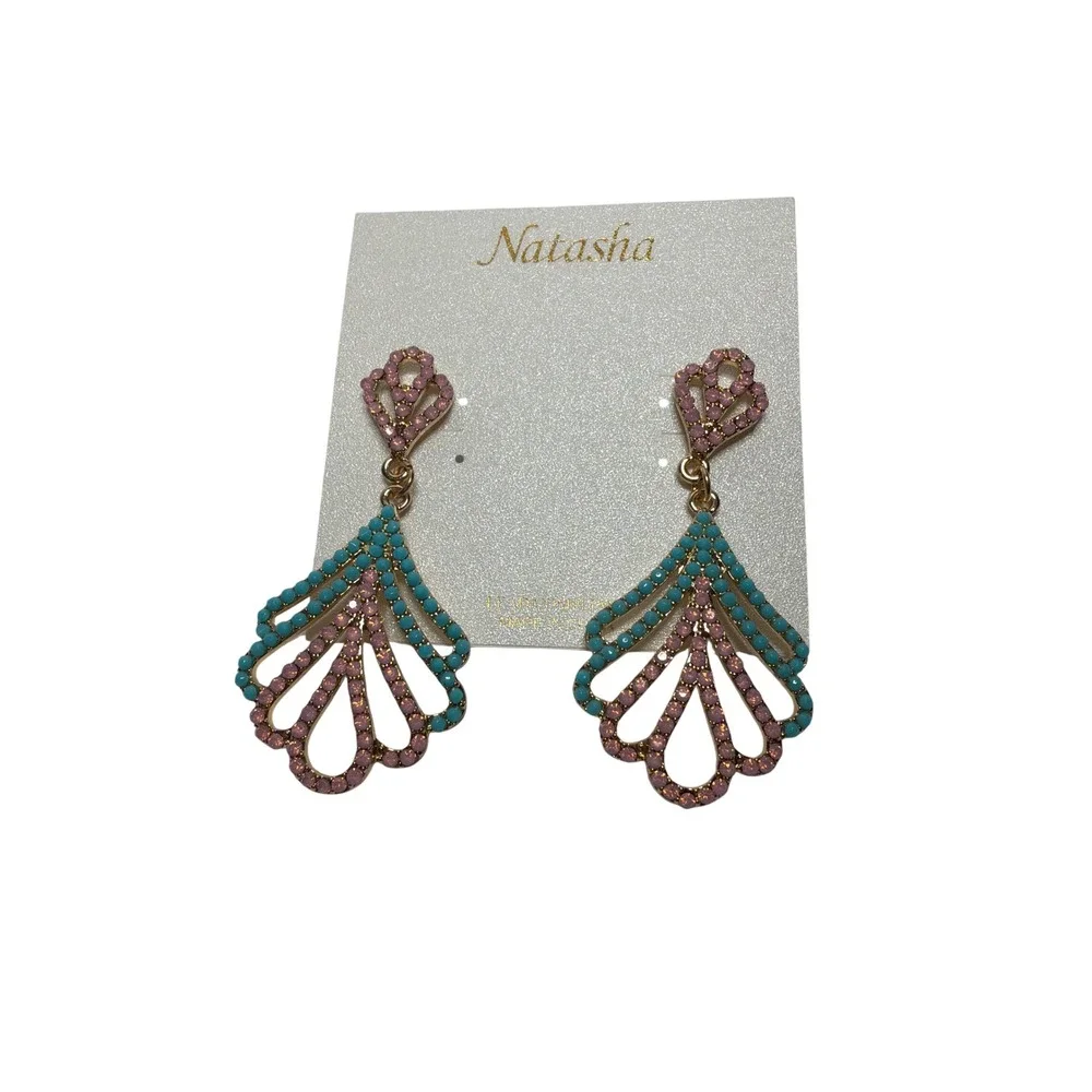 Natasha Couture‎ Pink and turquoise gold Tone dangle earrings